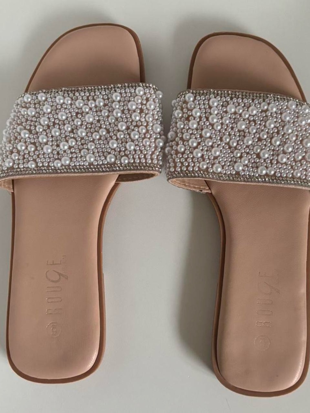 Pearl-Embellished Nude Slide Sandals